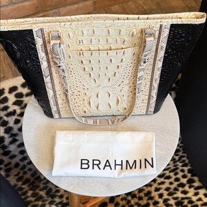 Brahmin Black and Cream Croc-Embossed Tote